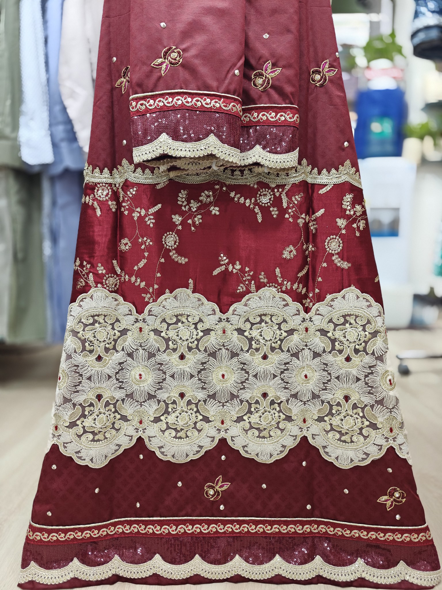 Maroon Heavy Lacing and Handwork Bridal Rida Red Maroon Heavy Lacing and Handwork Bridal Rida Red